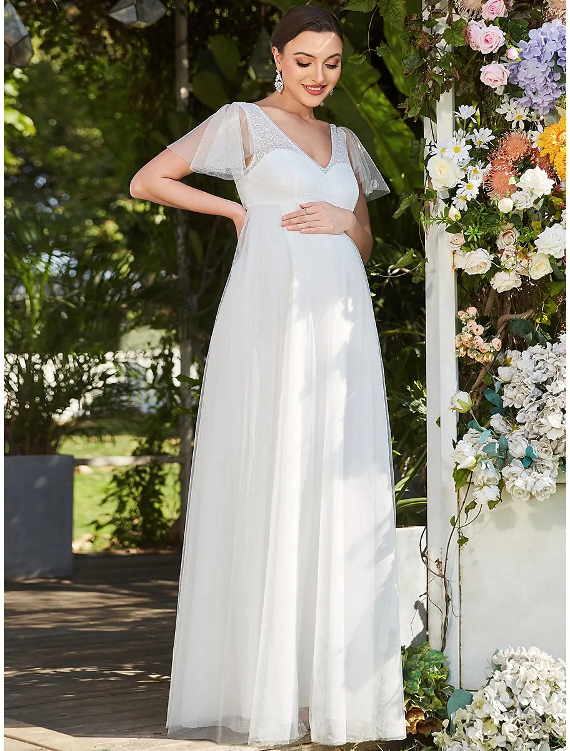 A-Line Evening Gown Maternity Dress Wedding Guest Formal Evening Floor Length Short Sleeve V Neck Bridesmaid Dress Tulle V Back with Pure Color Tiered