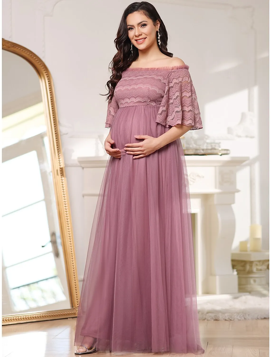 A-Line Mother of the Bride Dress Maternity Elegant Off Shoulder Floor Length Lace Tulle Sleeveless with Tier
