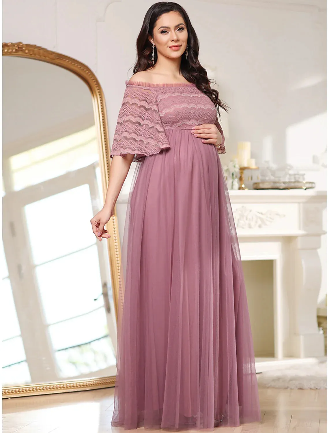 A-Line Mother of the Bride Dress Maternity Elegant Off Shoulder Floor Length Lace Tulle Sleeveless with Tier