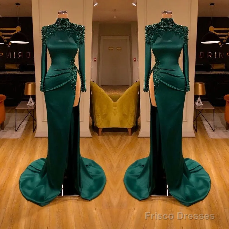 Dark Green Beadings Pearl Long Sleeves Evening Gowns Mermaid Prom Dress With Slit