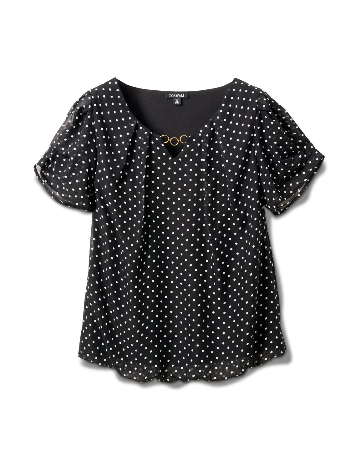 Dot Bubble Hem Woven Top with 3 Ring Neckline