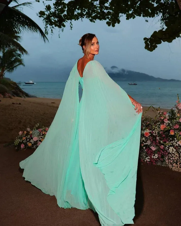 Dress Wholesale Elegant Mint Green Chiffon Prom Dress A-Line Long Cape Sleeves Floor Length Formal Evening Party Gowns
