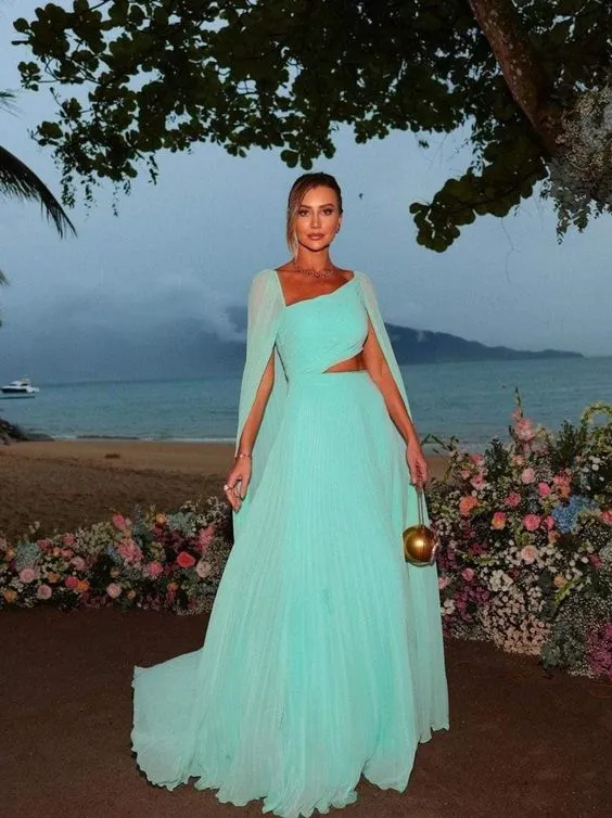 Dress Wholesale Elegant Mint Green Chiffon Prom Dress A-Line Long Cape Sleeves Floor Length Formal Evening Party Gowns