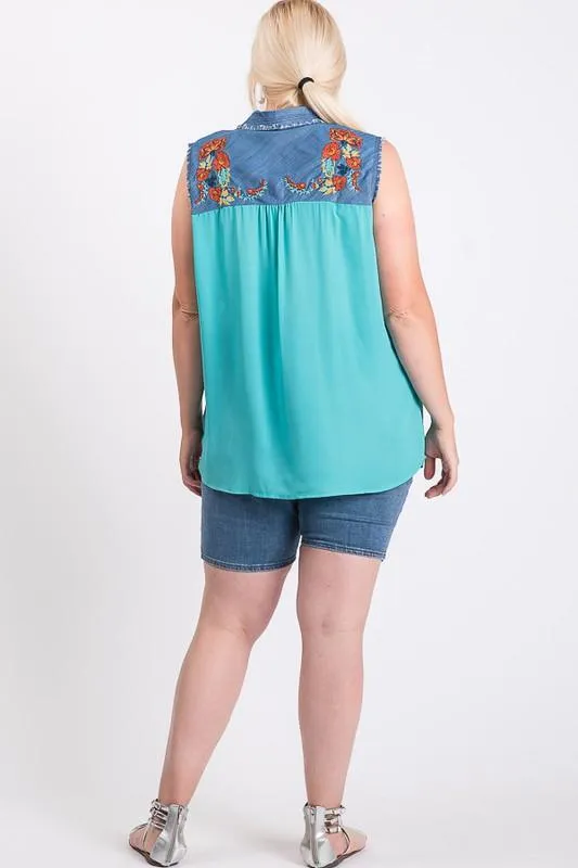 Embroidered Denim Casual Sleeveless Top
