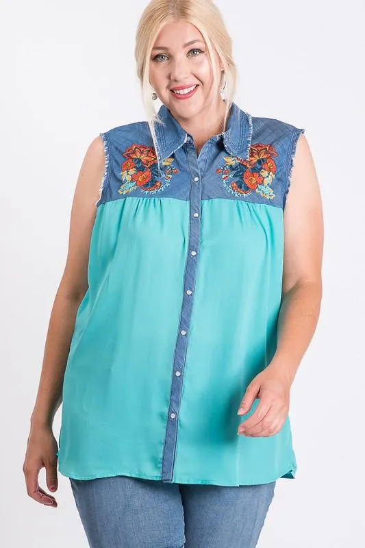 Embroidered Denim Casual Sleeveless Top