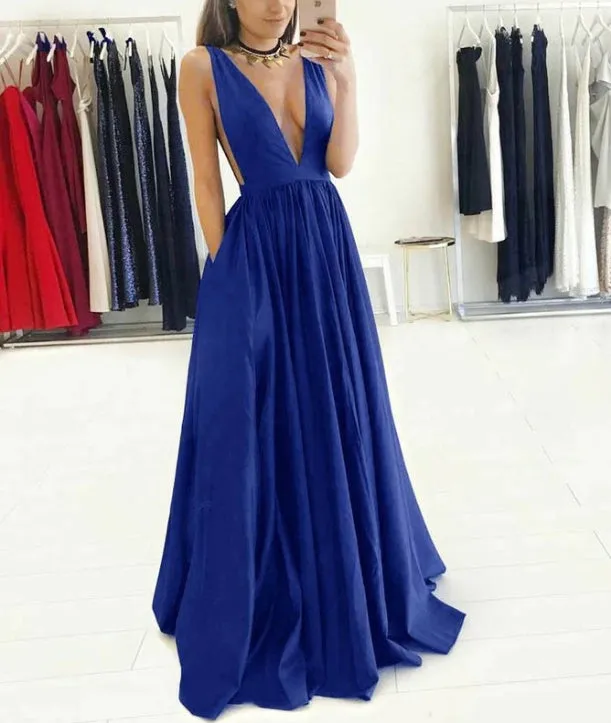 Exquisite Deep-v A-line Prom Dresses Satin Sweep Train Gowns Sexy Evening Dress Party Dress