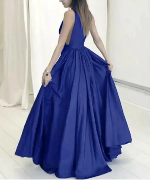 Exquisite Deep-v A-line Prom Dresses Satin Sweep Train Gowns Sexy Evening Dress Party Dress