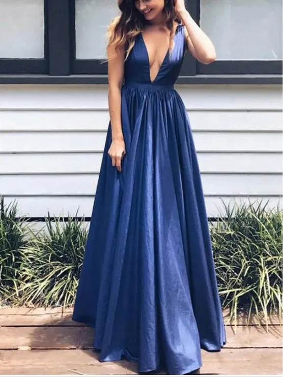 Exquisite Deep-v A-line Prom Dresses Satin Sweep Train Gowns Sexy Evening Dress Party Dress