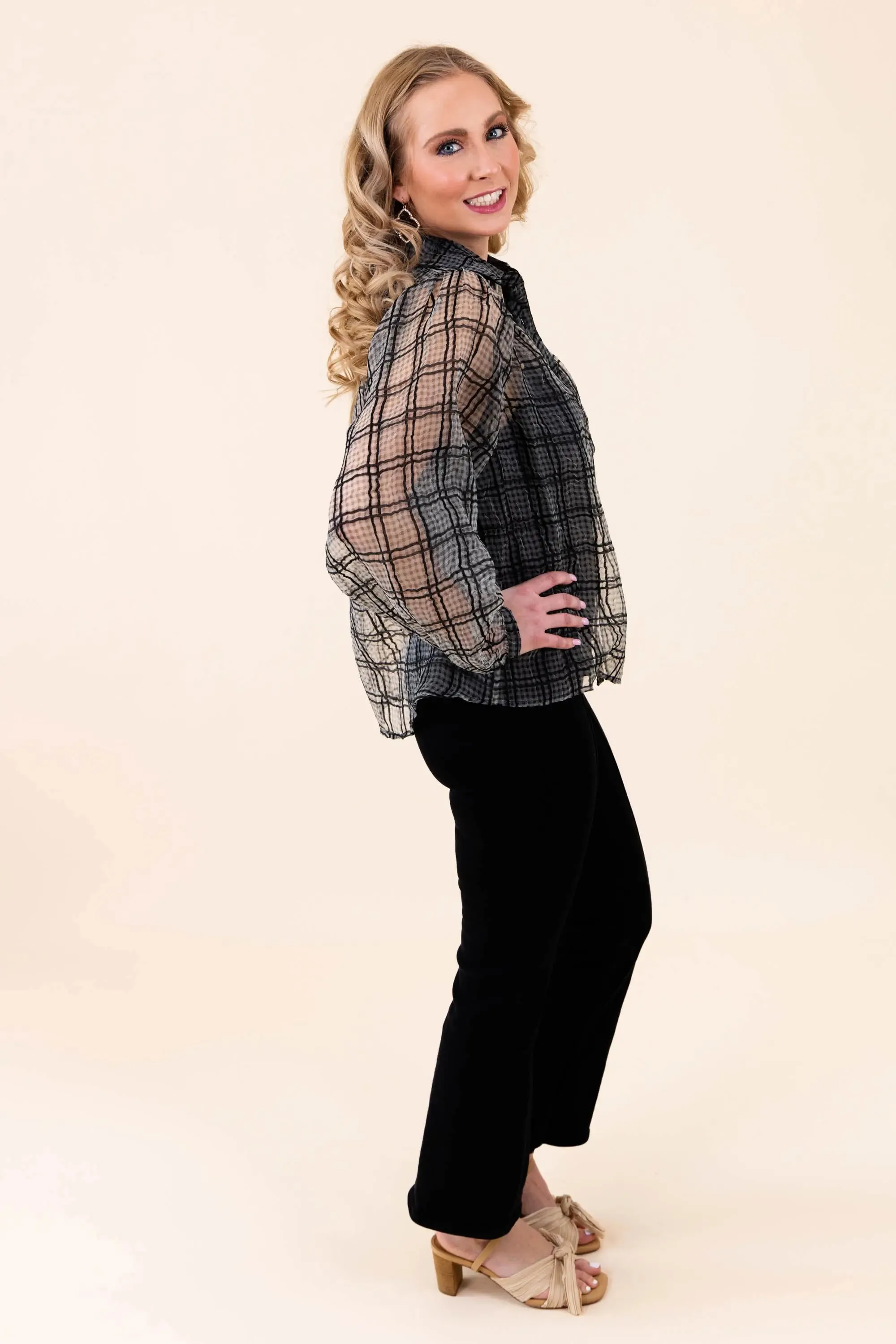 Just Looking Sheer Plaid Button-Up Blouse