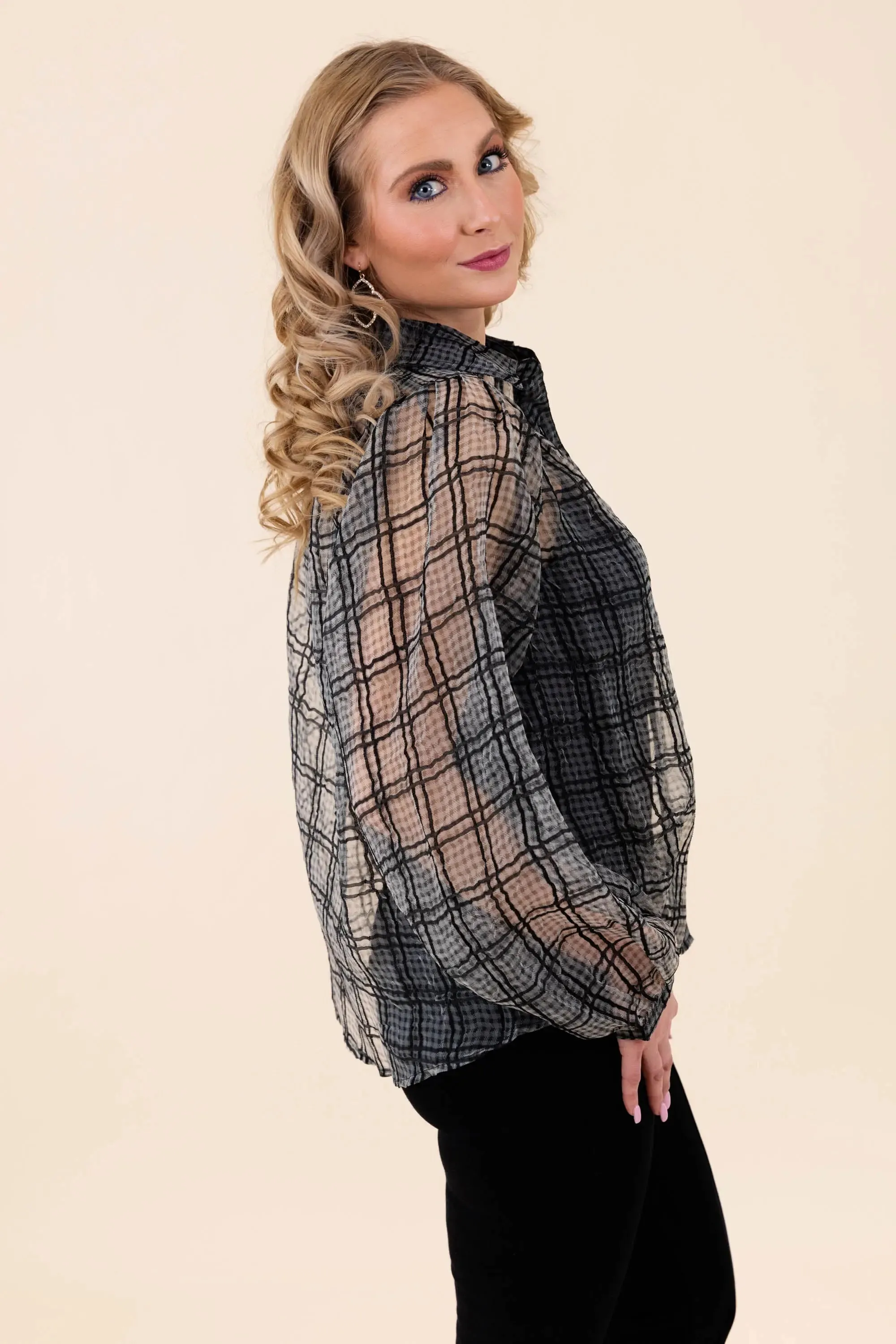 Just Looking Sheer Plaid Button-Up Blouse