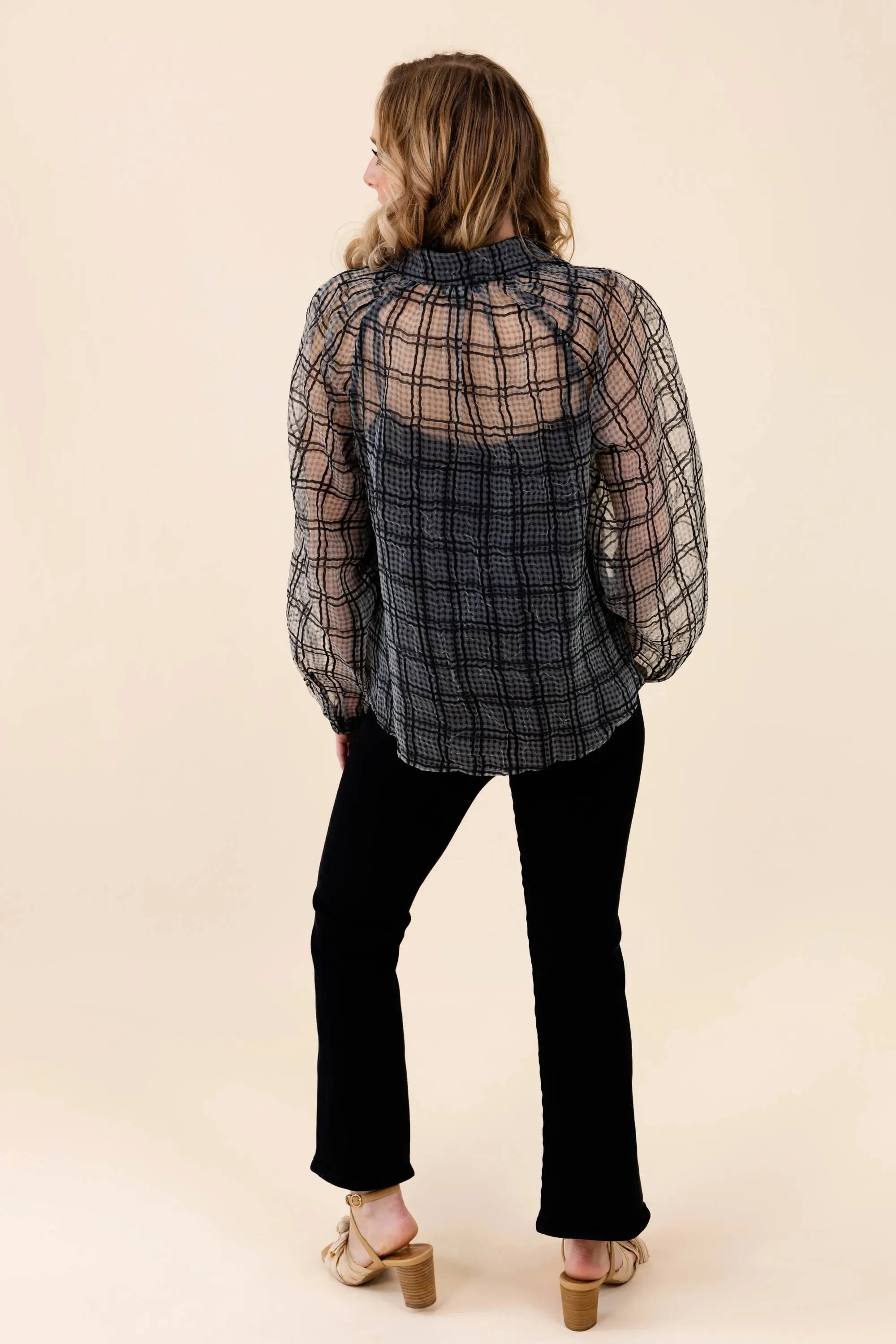 Just Looking Sheer Plaid Button-Up Blouse