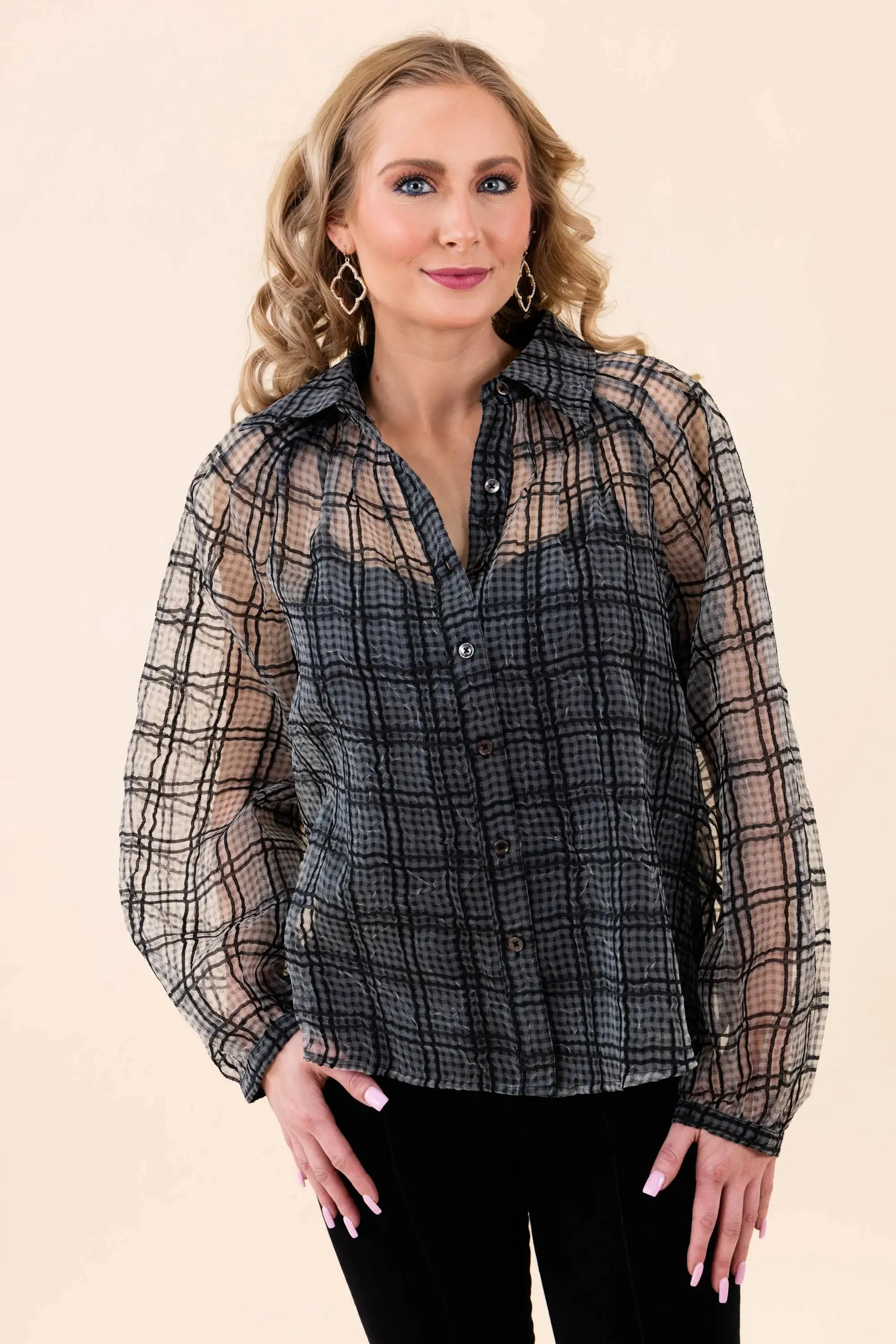 Just Looking Sheer Plaid Button-Up Blouse