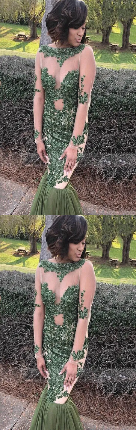 Long Sleeves Appliques Sequins Sheer Neck Long Evening Gowns