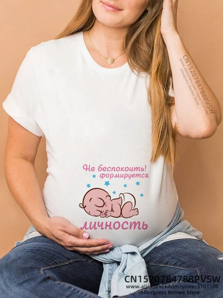Maternity Clothes Casual Pregnancy T Shirts Baby Print Funny Women Summer Tees Tops White