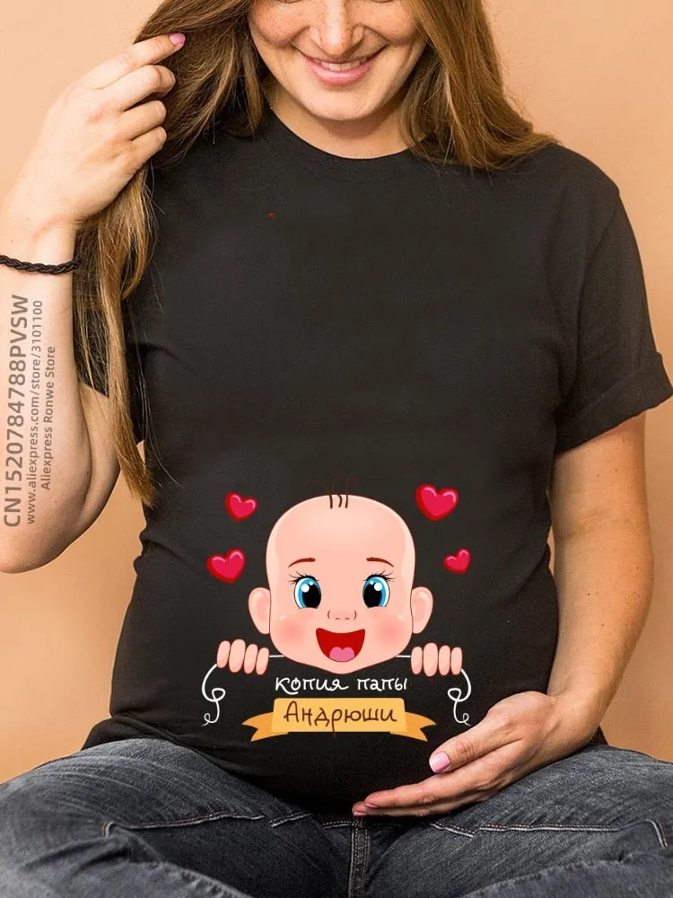 Maternity Clothes Casual Pregnancy T Shirts Baby Print Funny Women Summer Tees Tops White