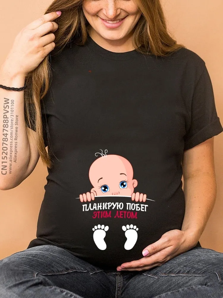 Maternity Clothes Casual Pregnancy T Shirts Baby Print Funny Women Summer Tees Tops White