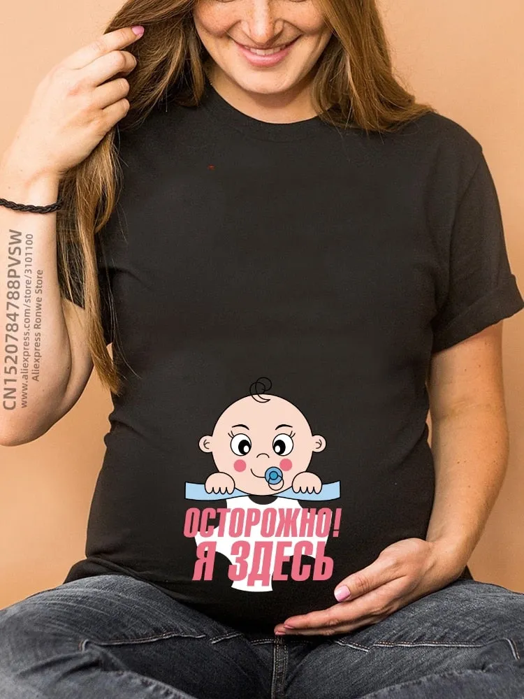 Maternity Clothes Casual Pregnancy T Shirts Baby Print Funny Women Summer Tees Tops White