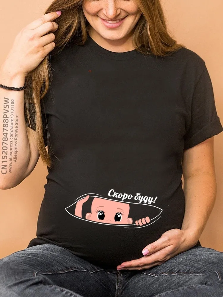 Maternity Clothes Casual Pregnancy T Shirts Baby Print Funny Women Summer Tees Tops White