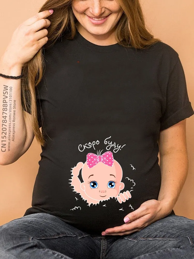 Maternity Clothes Casual Pregnancy T Shirts Baby Print Funny Women Summer Tees Tops White