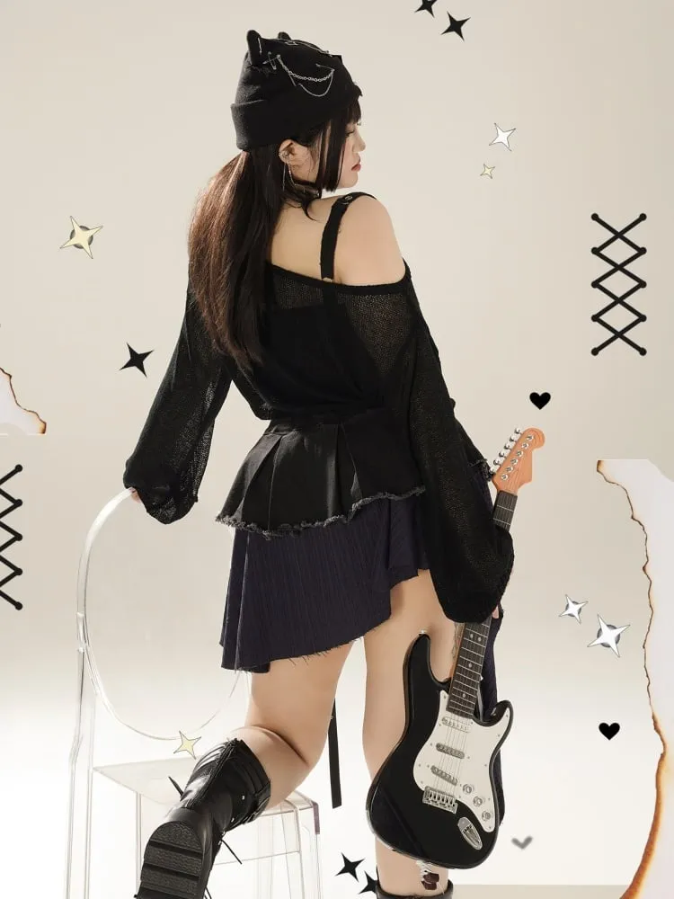 Plus Size Black Distressed Holes Knit Top with Chains