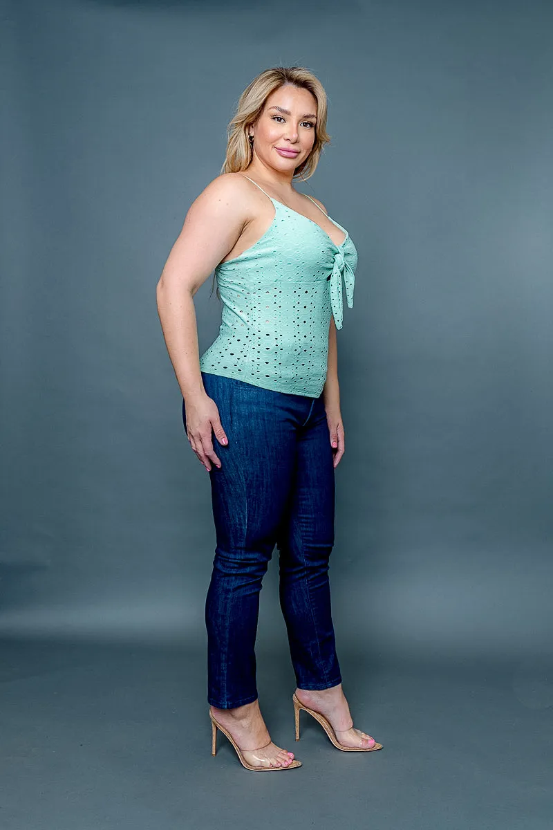 Plus Size Eyelet Poly Bow Tied V Neck Spaghetti Strap Top (ZA4538)