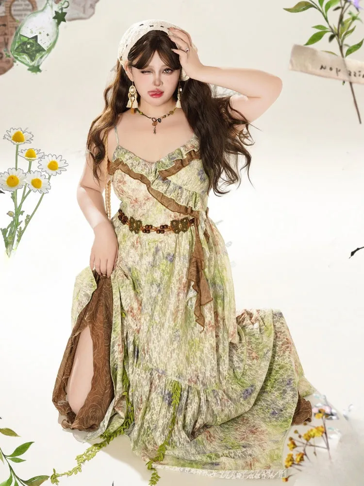 Plus Size Green Spaghetti Straps Floral Dress