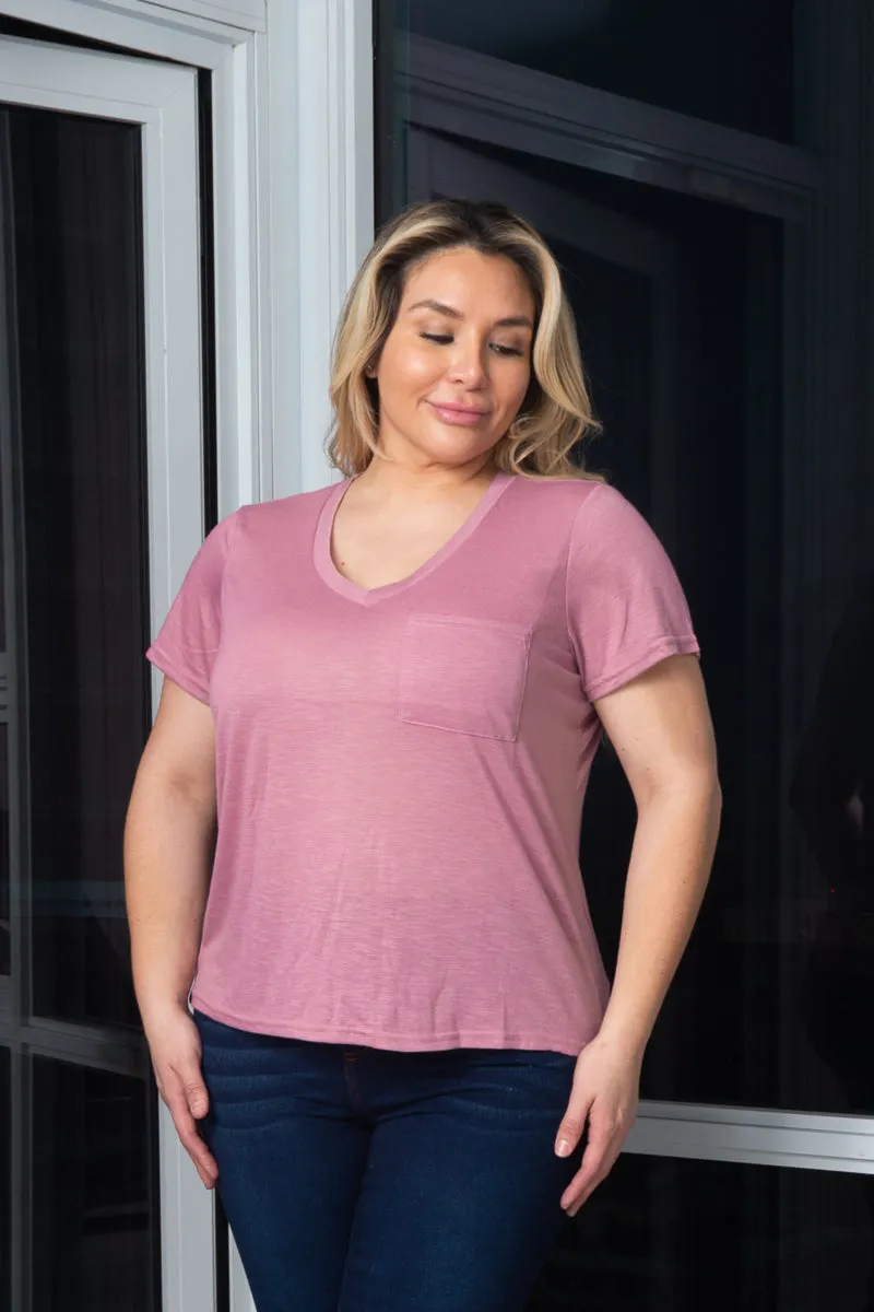 Plus Size Soft V-Neck Short Sleeve Tee Shirt with Front Pocket* (K67053X)