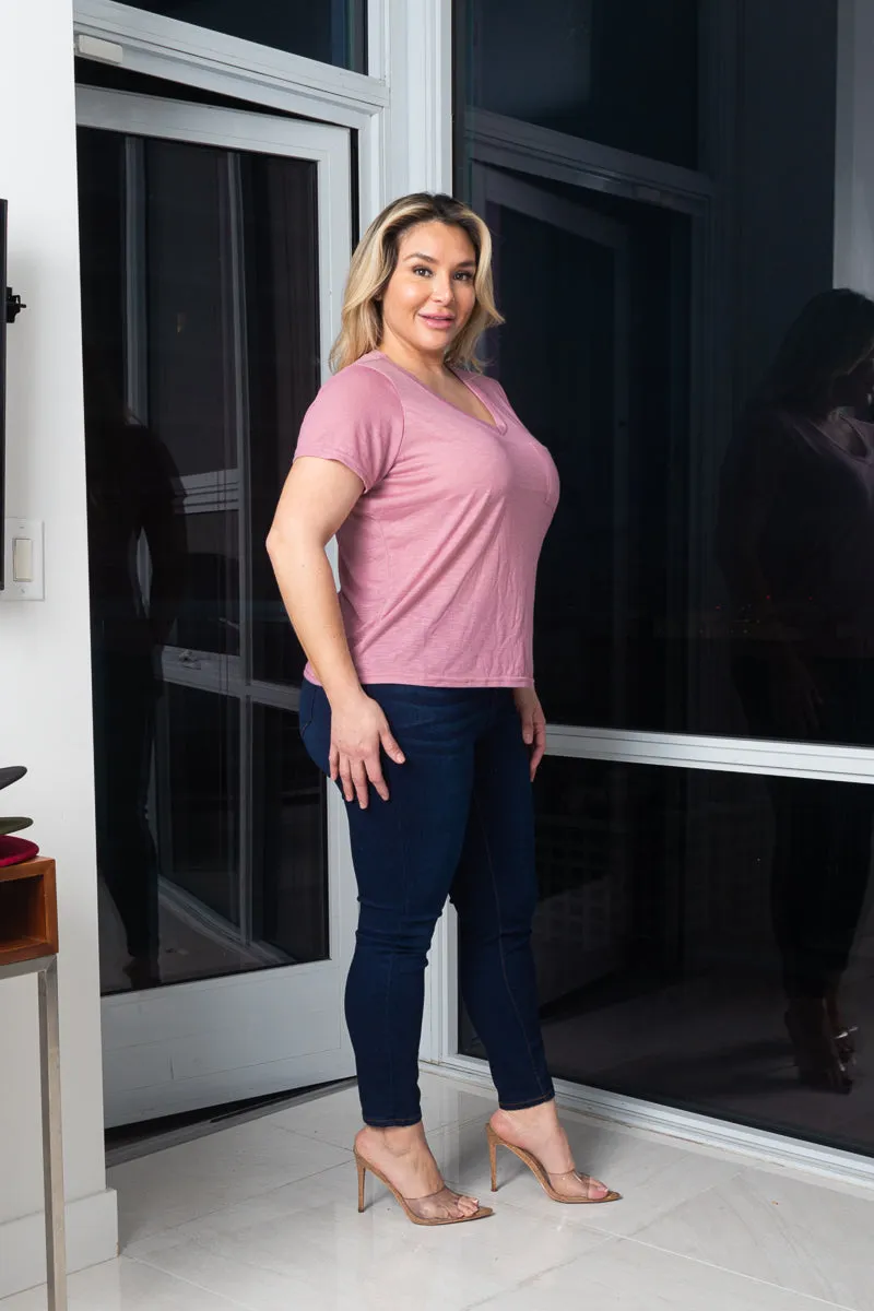 Plus Size Soft V-Neck Short Sleeve Tee Shirt with Front Pocket* (K67053X)