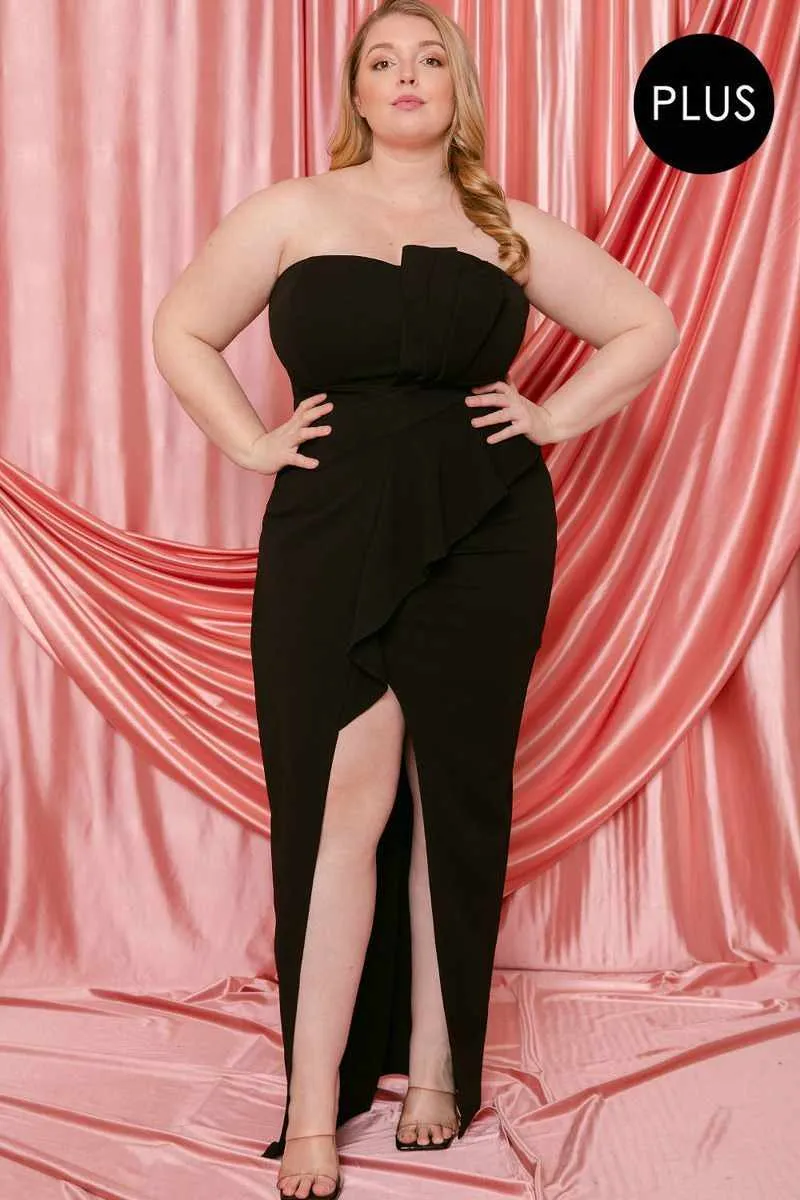 Plus Size Tube Top Pleated Black Maxi Dress