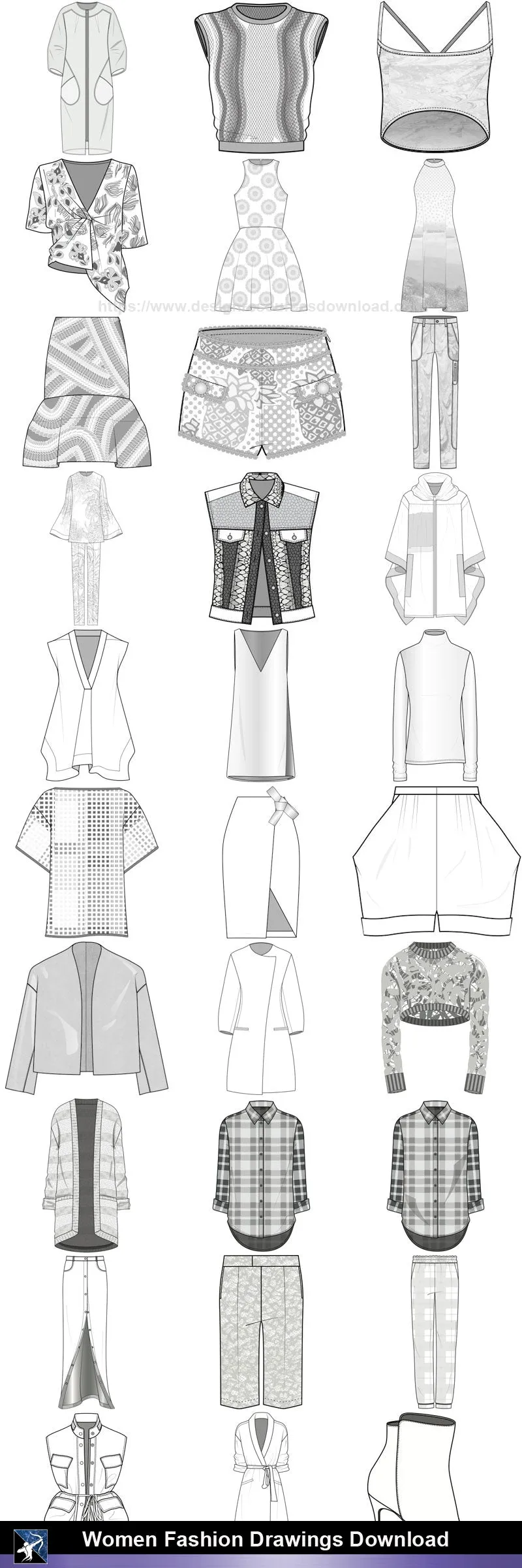 ★Women Fashion Drawings Download  V.1-Women Dresses,Tops,Skirts,Shoes Design Drawings