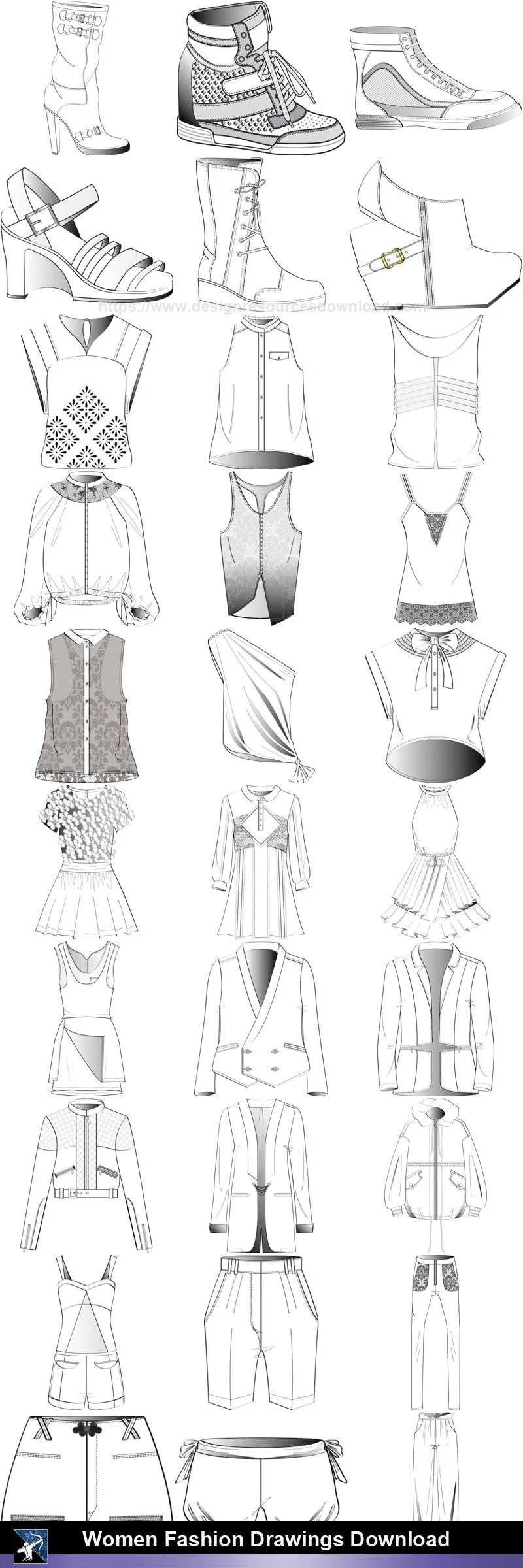 ★Women Fashion Drawings Download  V.1-Women Dresses,Tops,Skirts,Shoes Design Drawings