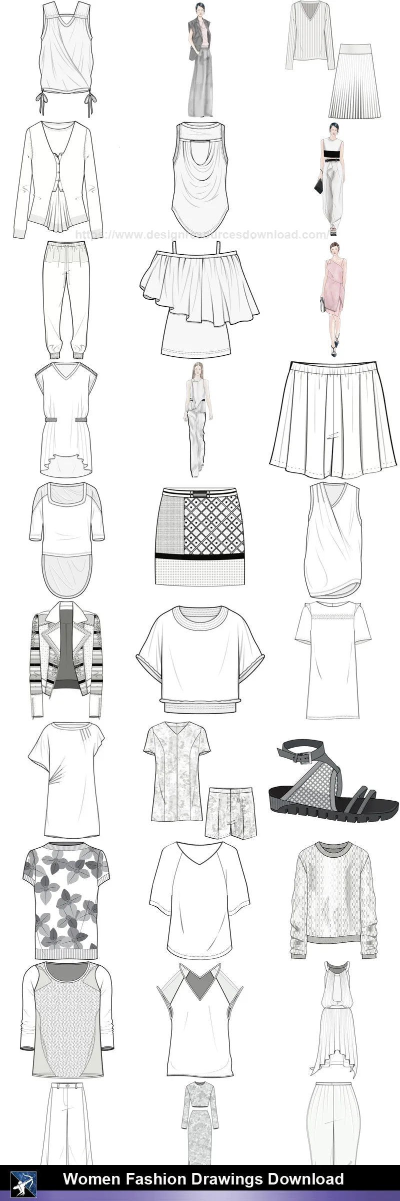 ★Women Fashion Drawings Download  V.1-Women Dresses,Tops,Skirts,Shoes Design Drawings