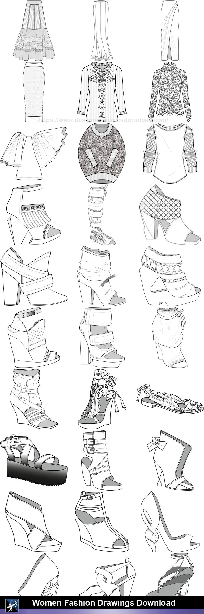 ★Women Fashion Drawings Download  V.1-Women Dresses,Tops,Skirts,Shoes Design Drawings