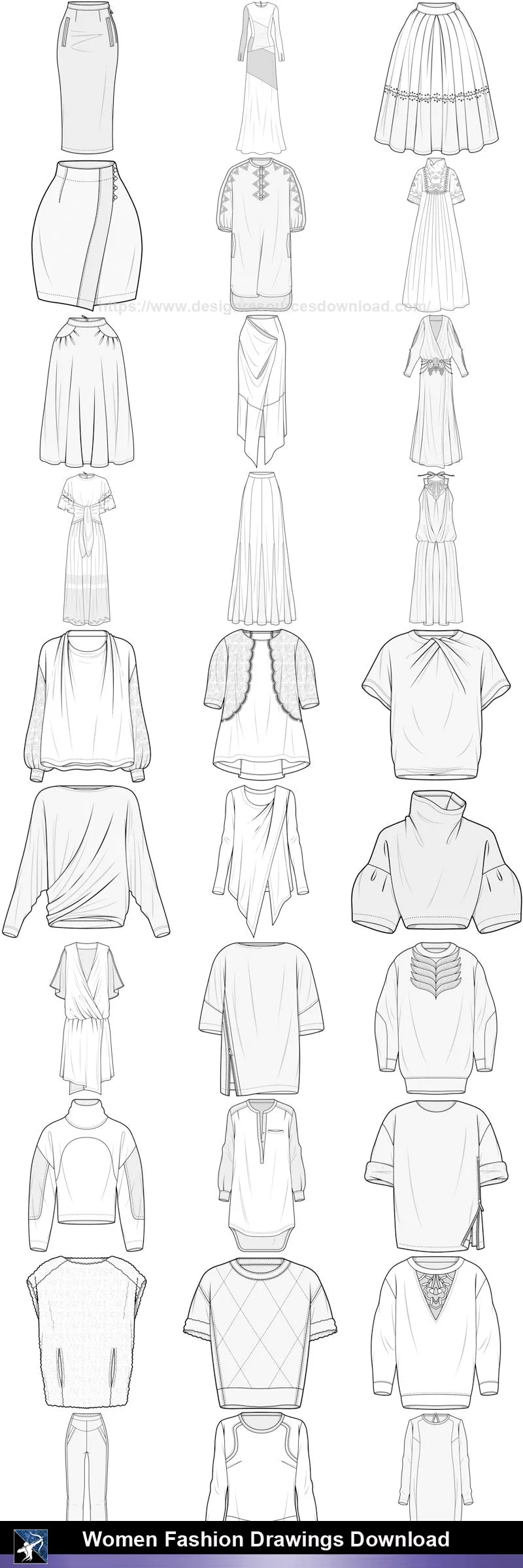 ★Women Fashion Drawings Download  V.3-Women Dresses,Tops,Skirts,Shoes Design Drawings