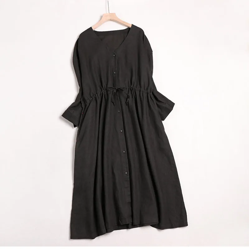 Women V Neck Linen Casual Waist Drawstring Dresses